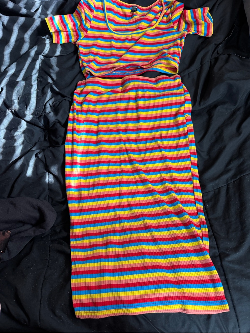SHEIN Rainbow Striped Ribbed Pencil Skirt - Red, Yellow, Blue, Green, Pink